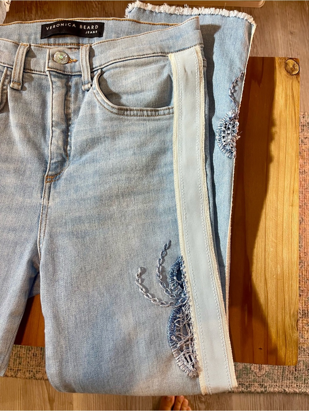 Veronica Beard Light Blue Slight Flair Leg Jeans with Embroidered Side Stripe